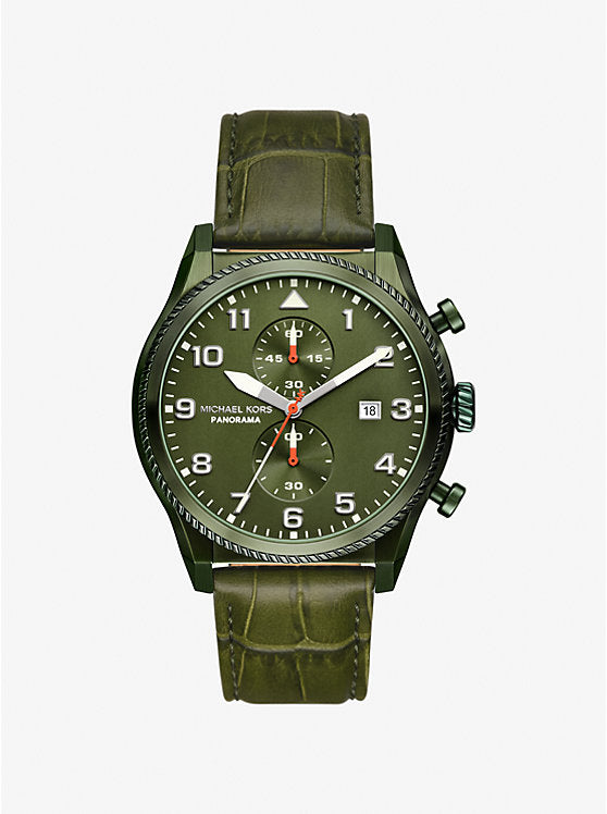 Michael Kors Oversized Panorama Olive-Tone and Crocodile Embossed Leather Watch