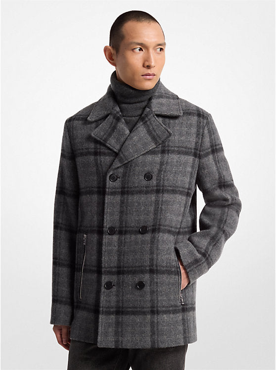 Michael Kors Plaid Textured Wool Blend Peacoat