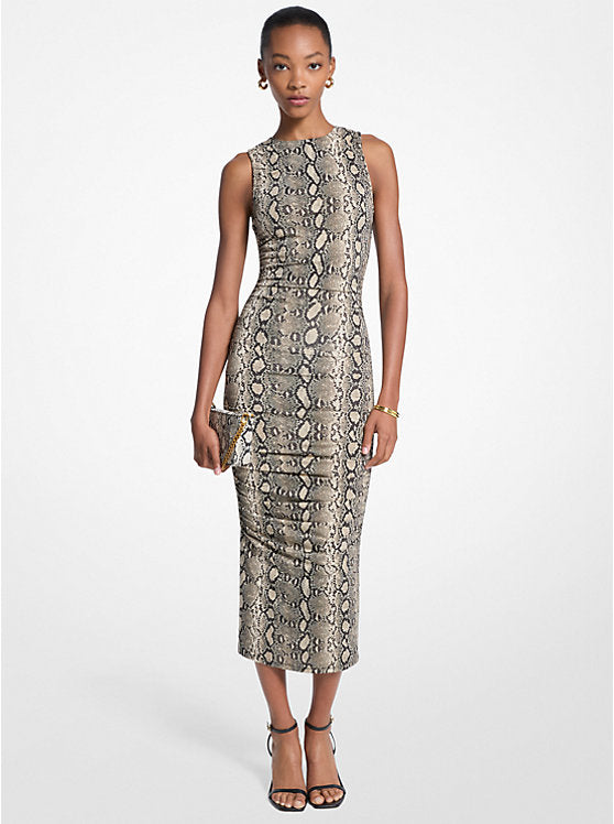 Michael Kors Snake Print Stretch Jersey Ruched Midi Dress