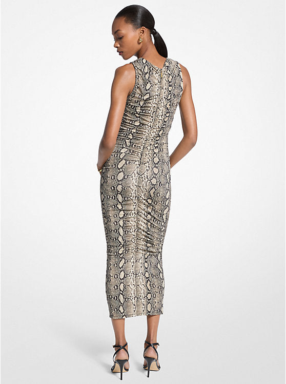 Michael Kors Snake Print Stretch Jersey Ruched Midi Dress