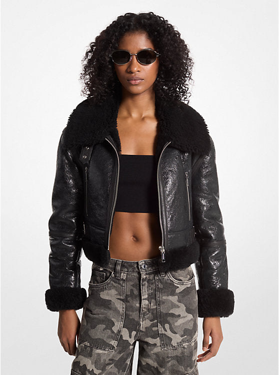 Michael Kors Crackled Leather and Shearling Cropped Jacket