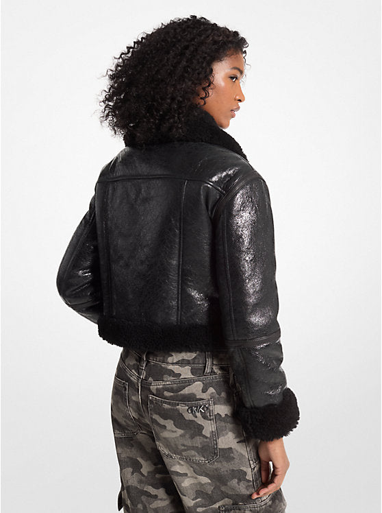 Michael Kors Crackled Leather and Shearling Cropped Jacket