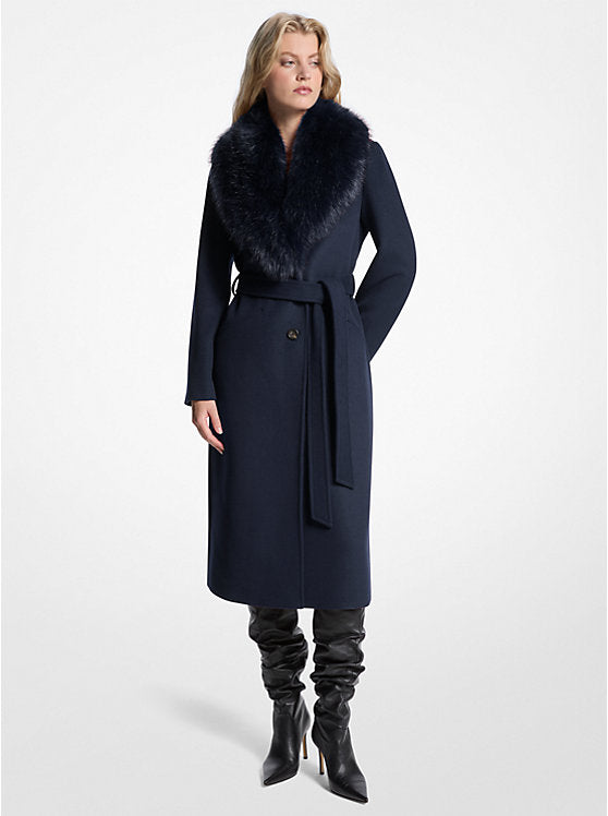 Michael Kors Faux Fur Trim Wool Blend Coat