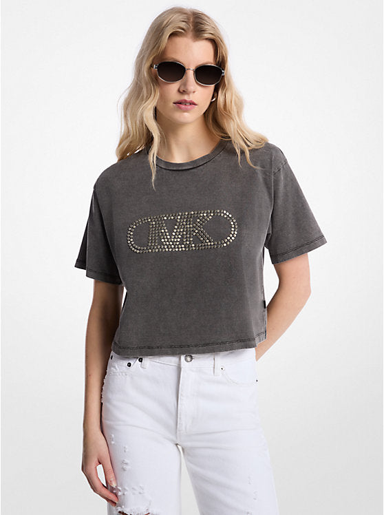 Michael Kors Studded Garment-Dyed Cotton Cropped T-Shirt