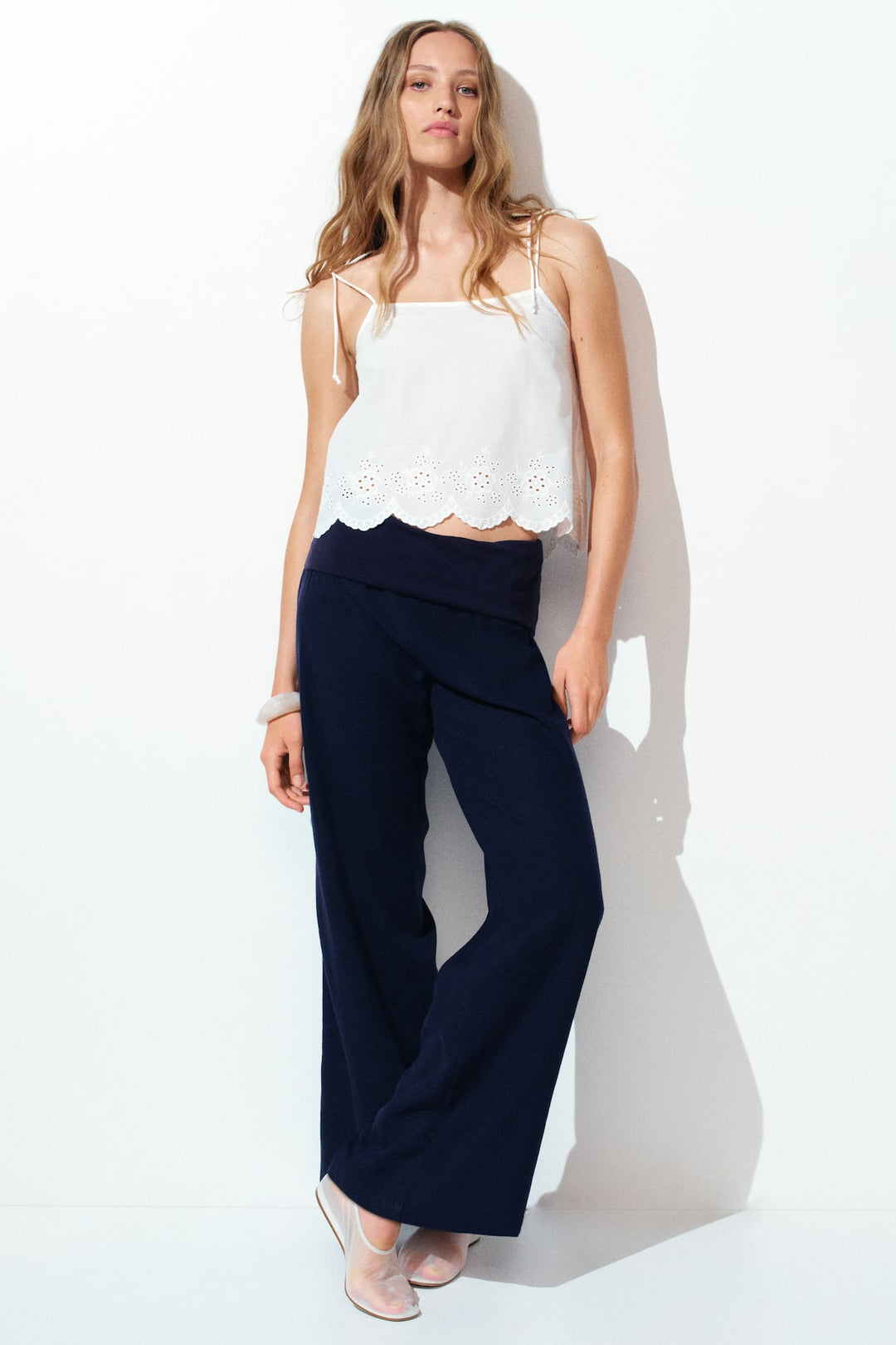 H&M Foldover-Waist Linen-Blend Pants