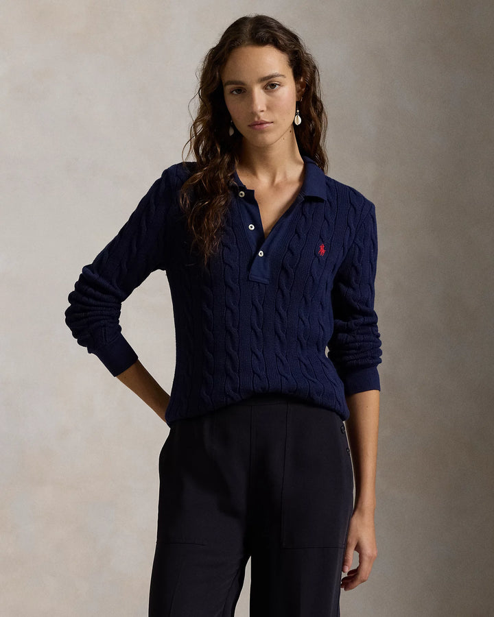 Ralph Lauren Cable-Knit Cotton Long-Sleeve Polo Shirt