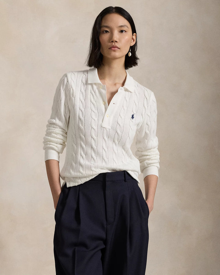 Ralph Lauren Cable-Knit Cotton Long-Sleeve Polo Shirt