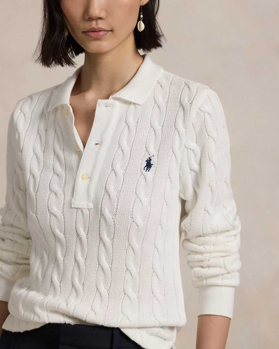 Ralph Lauren Cable-Knit Cotton Long-Sleeve Polo Shirt
