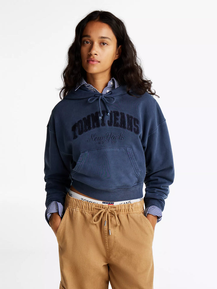 Tommy Hilfiger Embroidered Flocked Logo Cropped Hoodie