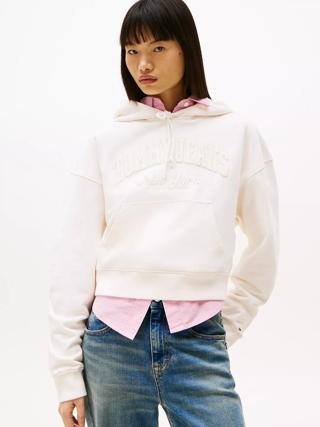 Tommy Hilfiger Embroidered Flocked Logo Cropped Hoodie