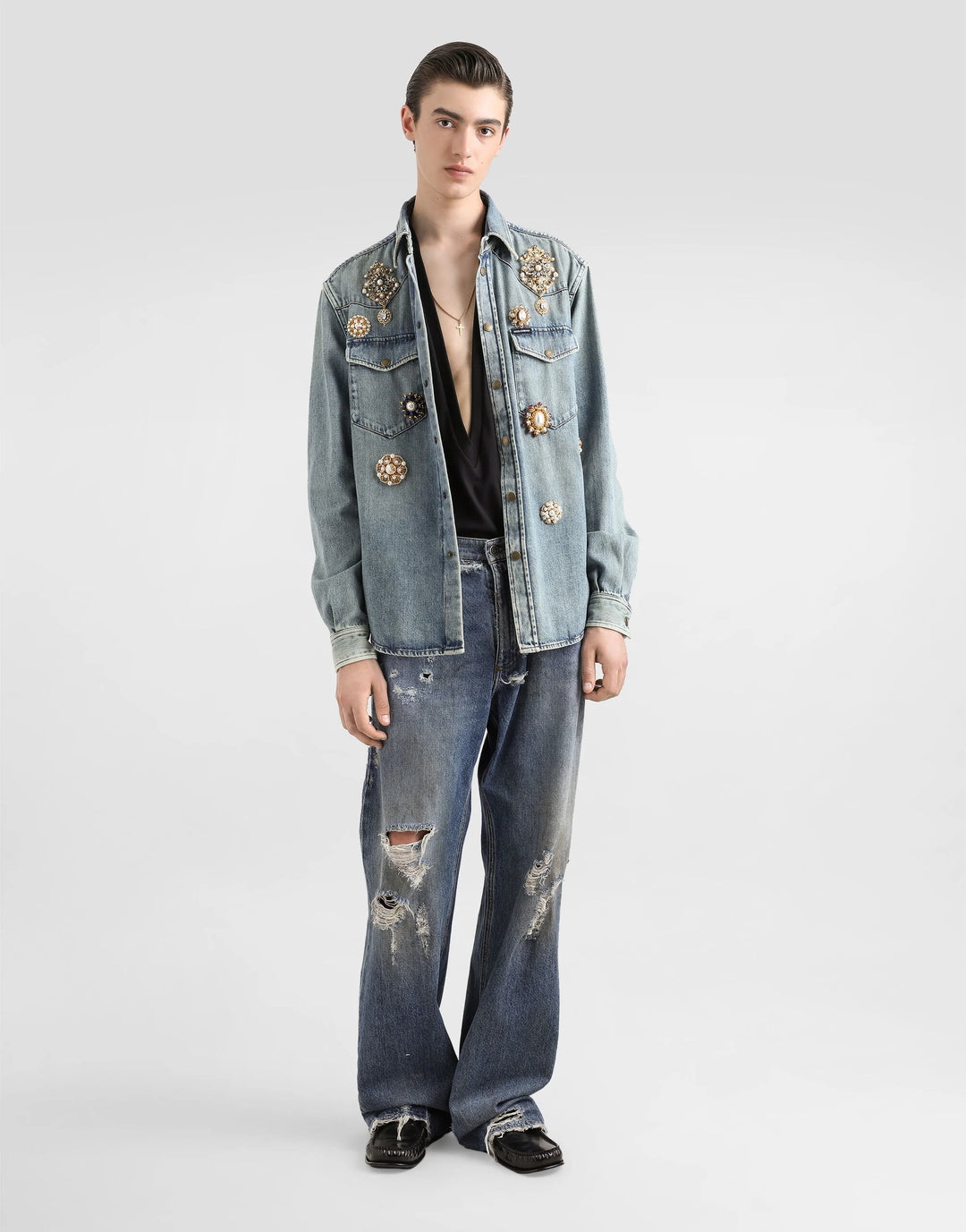 Dolce&Gabbana Denim shirt with bejeweled appliqués