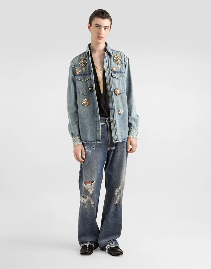 Dolce&Gabbana Denim shirt with bejeweled appliqués