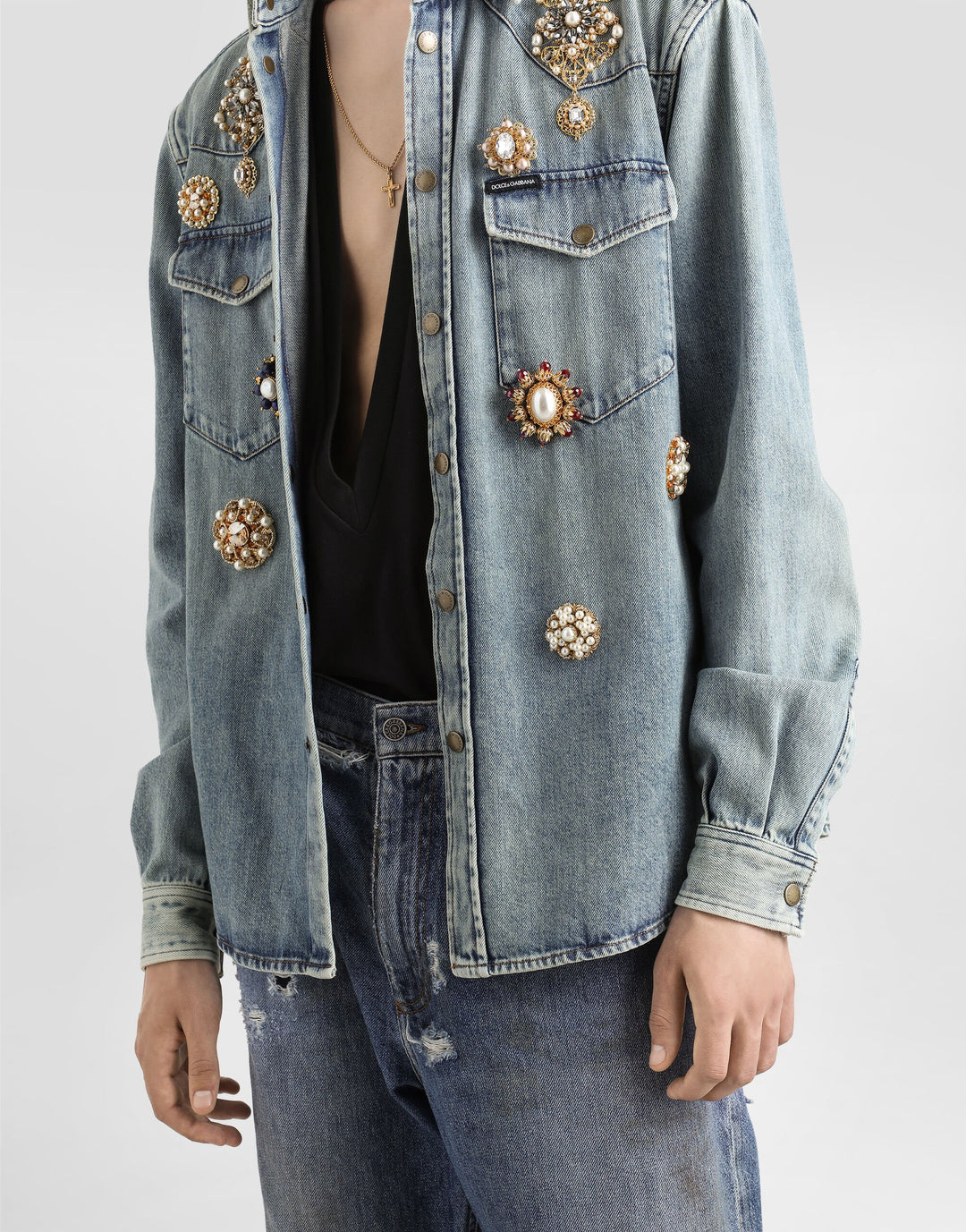Dolce&Gabbana Denim shirt with bejeweled appliqués