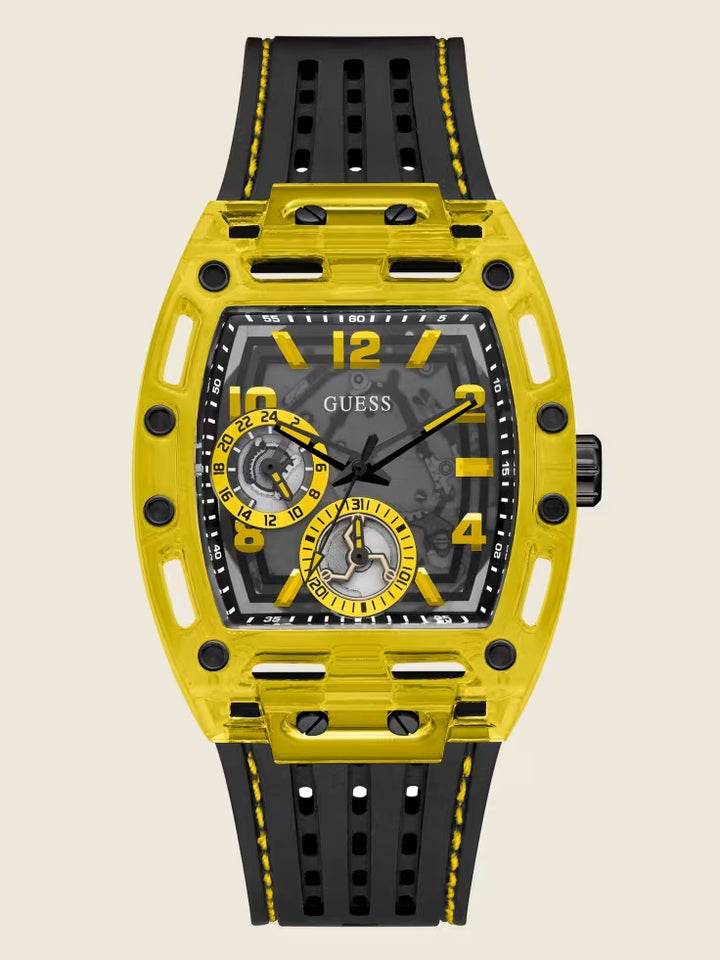 Guess Yellow Exposed Dial Multifunction Watch