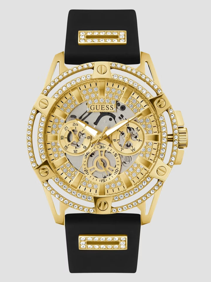 Guess Cut-Through Gold-Tone and Black Silicone Multifunction Watch