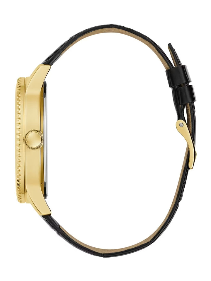 Guess Gold-Tone and Black Analog Leather Watch