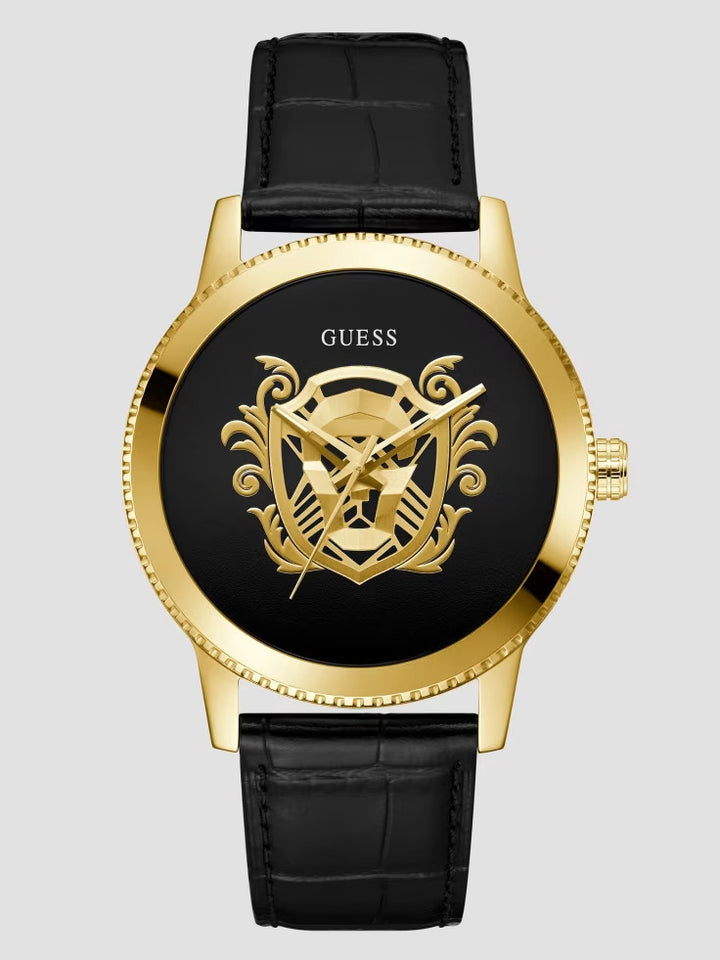 Guess Gold-Tone and Black Analog Leather Watch