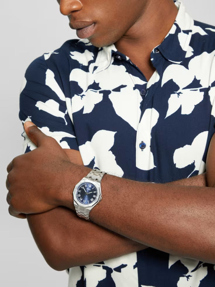 Guess Silver-Tone and Blue Octagonal Analog Watch