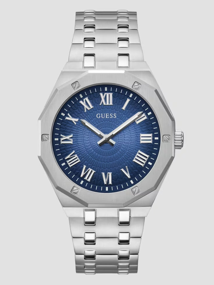 Guess Silver-Tone and Blue Octagonal Analog Watch