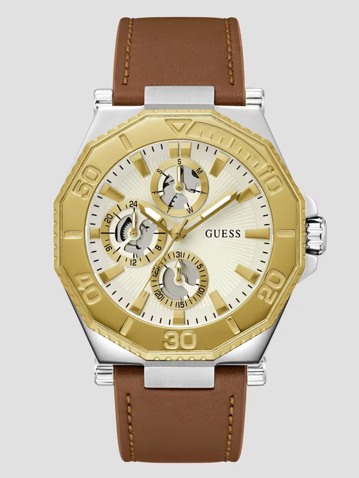 Guess Two-Tone and Brown Leather Multifunction Watch