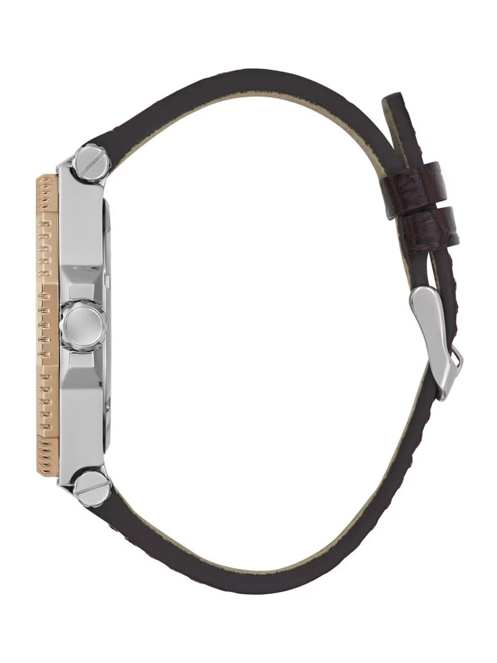 Guess Two-Tone and Brown Crocodile-Embossed Leather Multifunction Watch