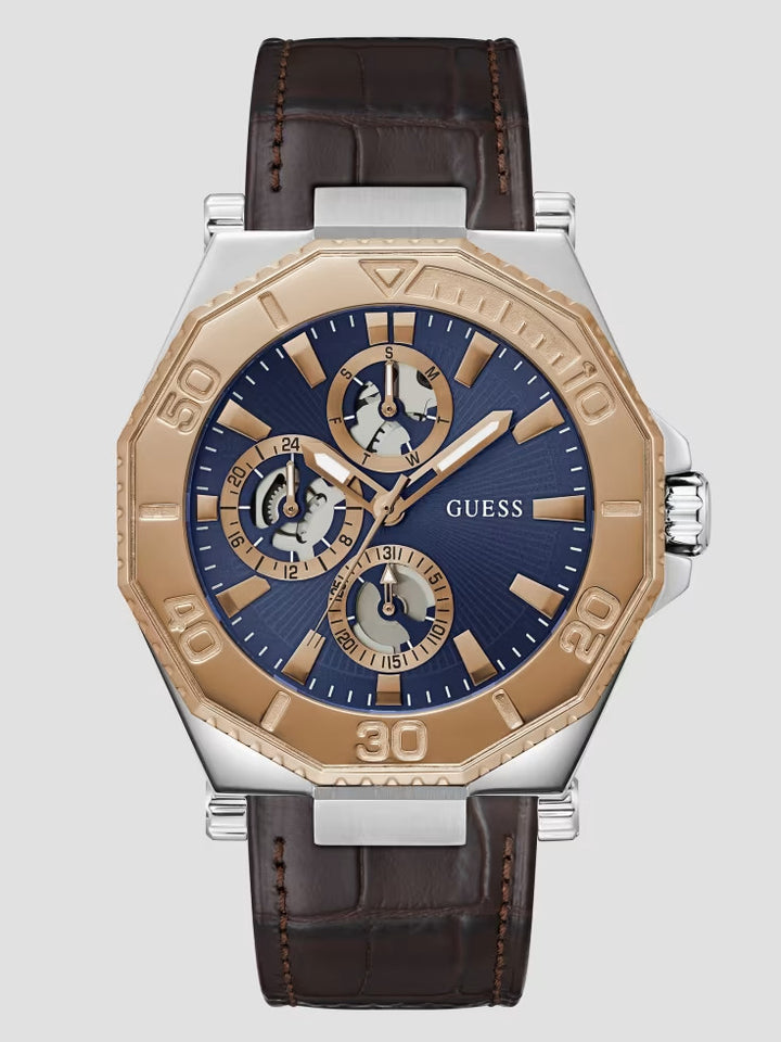 Guess Two-Tone and Brown Crocodile-Embossed Leather Multifunction Watch