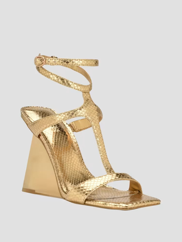 Guess Bacio Metallic T-Strap Wedge Heels