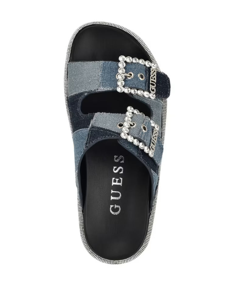 Guess Funzya Embellished Two-Strap Denim Slides