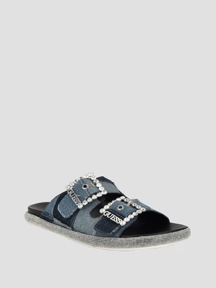 Guess Funzya Embellished Two-Strap Denim Slides