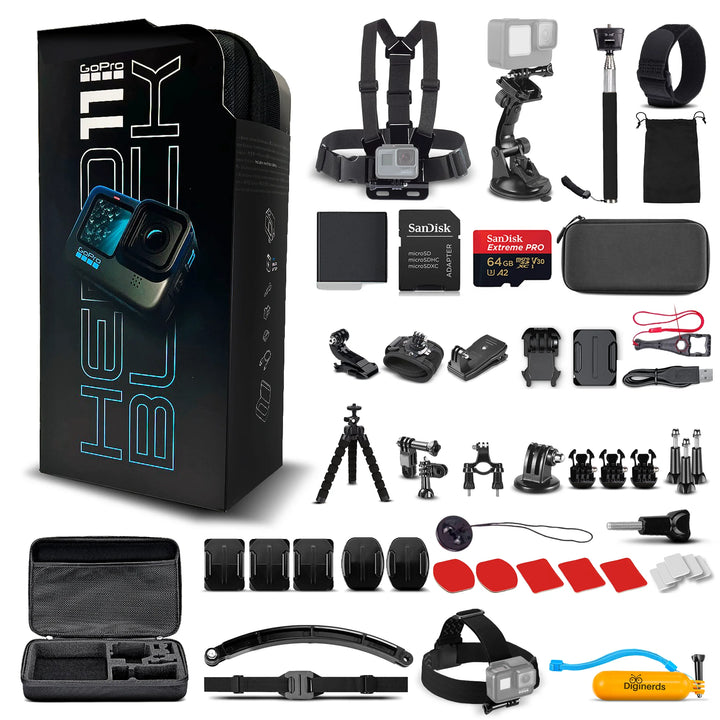 GoPro HERO11 Black (New) - 27MP Waterproof Camera with 5.3K Video + 64GB Card and DigiNerds 50-piece Action Kit