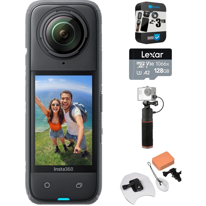 Insta360 CINSABMA X4 360 Camera 284752: Tiny 2.7K Action Cam, Hands-Free POV, Waterproof Bundle with 3 YR CPS Enhanced Protection Pack, 128GB Memory Card, All-In-1 Surf Kit & Compact Power Grip