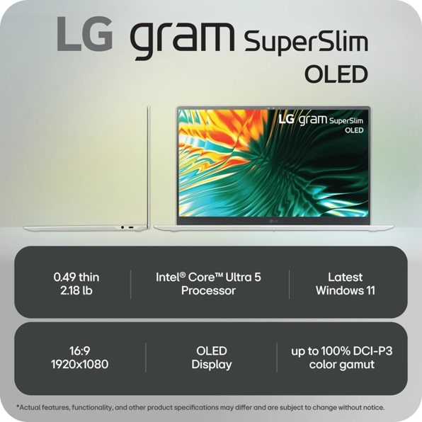 LG 15Z90ST-G.AAW4U1 LG gram SuperSlim 15.6” OLED Thin and Lightweight Laptop, Intel® Evo™ Edition- AI-enabled Intel® Core™ Ultra 5 processor, Windows 11 Home, 16GB RAM, 512GB SSD, White