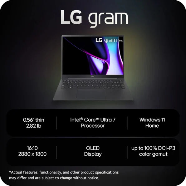 LG 16Z90SP-A.ADB9U1 LG gram Pro 16” OLED Thin and Lightweight Laptop, Intel® Evo™ Edition - AI-enabled Intel® Core™ Ultra 7 processor, NVIDIA RTX 3050, Windows 11 Home, 32GB RAM, 2TB (1TB x 2) SSD, Black