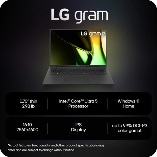 LG 17Z90S-G.AAB6U1 LG gram 17” Thin and Lightweight Laptop, Intel® Evo™ Edition - AI-enabled Intel® Core™ Ultra 7 processor, Windows 11 Home, 16GB RAM, 1TB SSD, Black