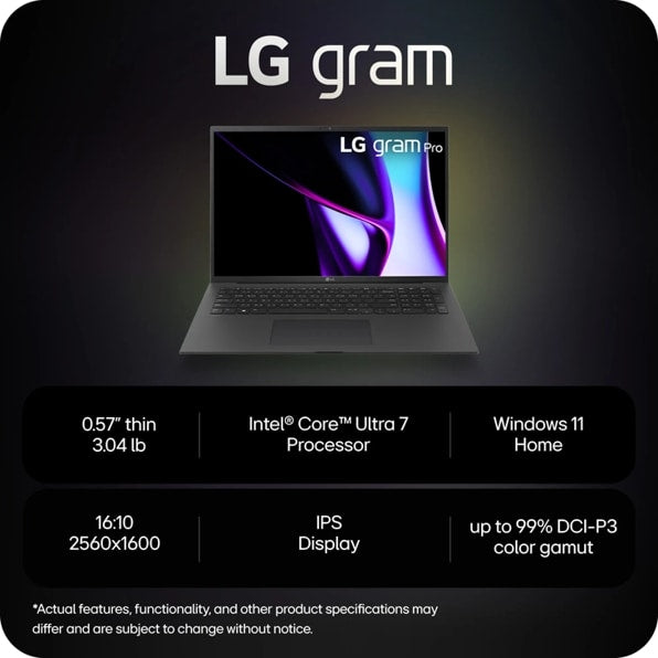 LG 16Z90SP-A.ADB9U1 LG gram Pro 16” OLED Thin and Lightweight Laptop, Intel® Evo™ Edition - AI-enabled Intel® Core™ Ultra 7 processor, NVIDIA RTX 3050, Windows 11 Home, 32GB RAM, 2TB (1TB x 2) SSD, Black