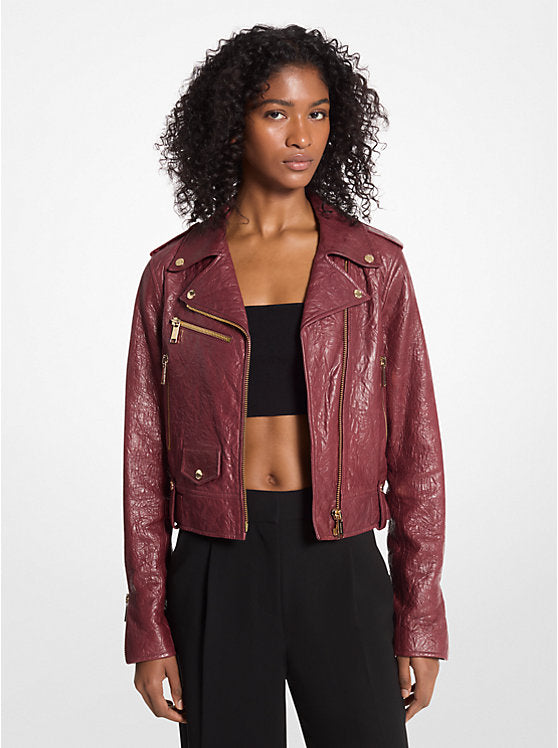Michael Kors Crinkled Leather Cropped Moto Jacket