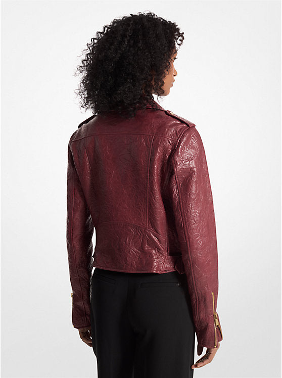 Michael Kors Crinkled Leather Cropped Moto Jacket