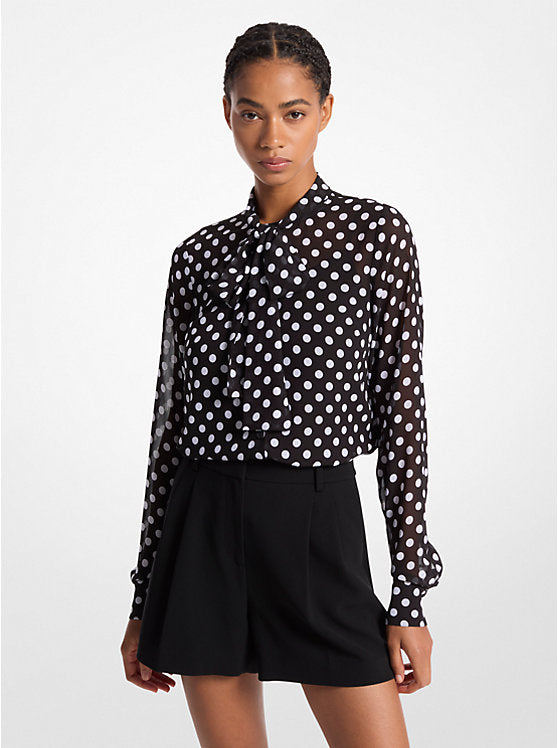Michael Kors Polka Dot Georgette Tie-Neck Blouse