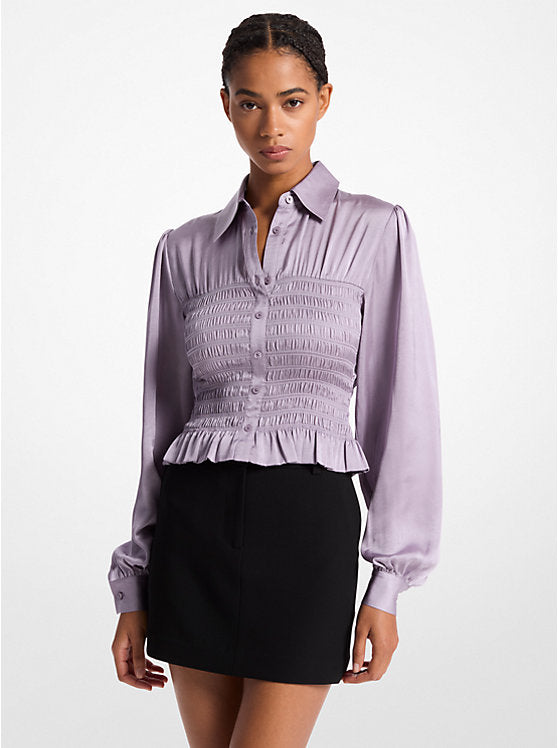 Michael Kors Smocked Crinkled Satin Shirt