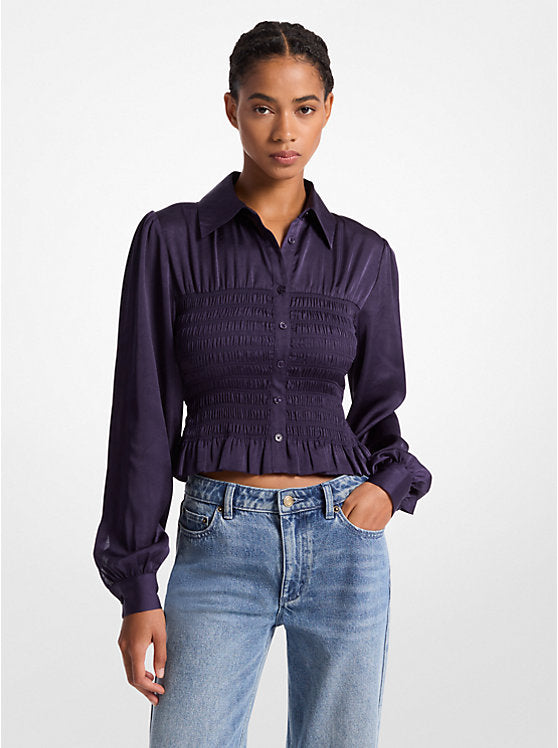 Michael Kors Smocked Crinkled Satin Shirt