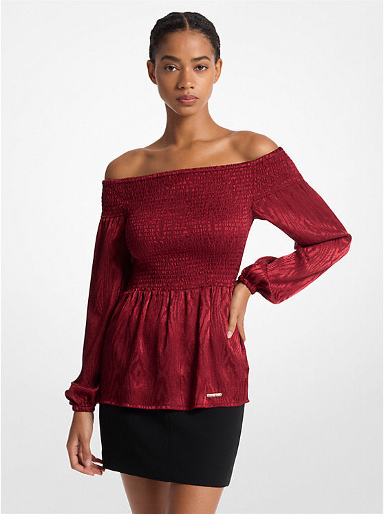 Michael Kors Smocked Moiré Jacquard Off-The-Shoulder Top