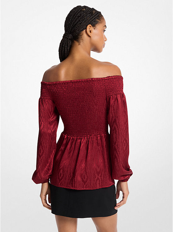 Michael Kors Smocked Moiré Jacquard Off-The-Shoulder Top