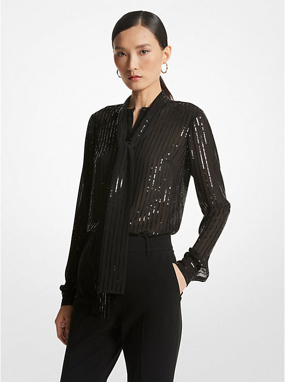 Michael Kors Pinstripe Sequined Georgette Tie-Neck Blouse