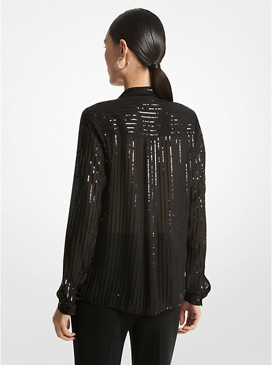 Michael Kors Pinstripe Sequined Georgette Tie-Neck Blouse