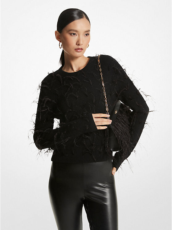 Michael Kors Feather Embellished Merino Wool Blend Cropped Sweater