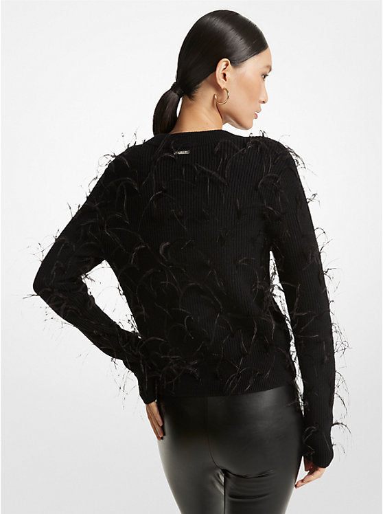 Michael Kors Feather Embellished Merino Wool Blend Cropped Sweater