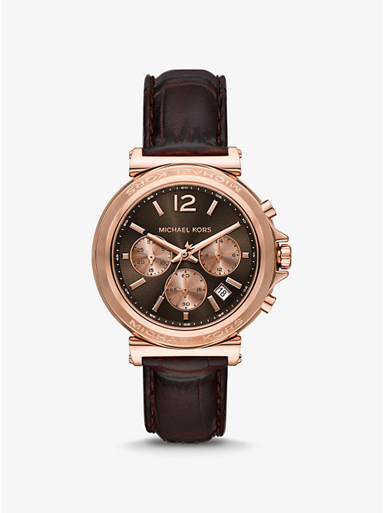 Michael Kors Oversized Maren Rose Gold-Tone and Crocodile Embossed Leather Watch