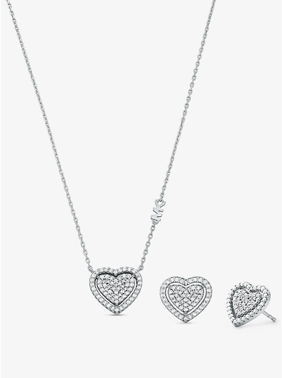 Michael Kors Precious Metal-Plated Sterling Silver Pavé Heart Necklace and Earrings Gift Set