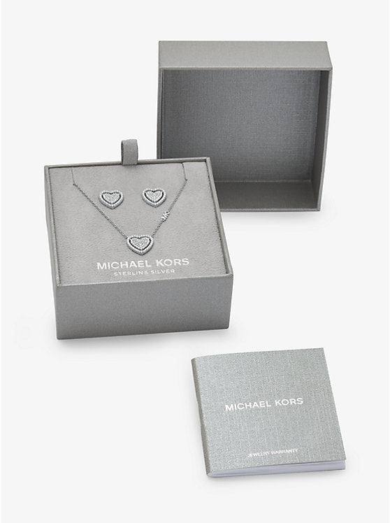 Michael Kors Precious Metal-Plated Sterling Silver Pavé Heart Necklace and Earrings Gift Set