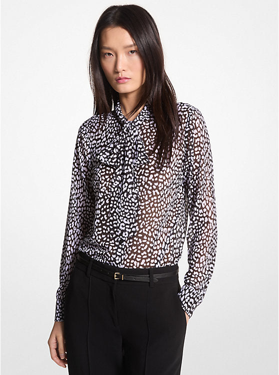 Michael Kors Graphic Leopard Print Georgette Tie-Neck Blouse